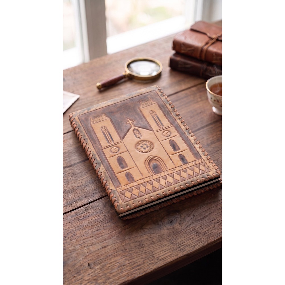 VTG Mexican Hand Tooled Leather Pocket Notebook Journal Palm Trees Church 5x7